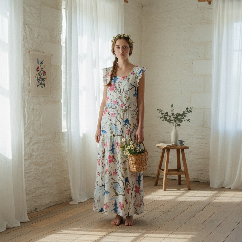 NWT GALANTHYA by Sandra Bazan Maxi Dress Gown Cottagecore Floral Ruffle Sleeve L